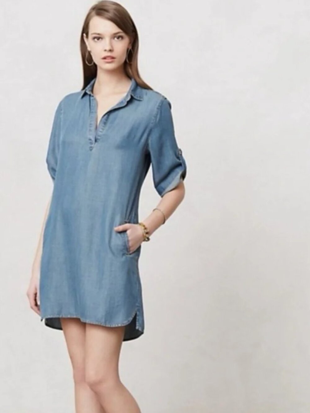 Anthropologie Cloth & Stone Light Blue Chambray Shirt Dress Pockets Small